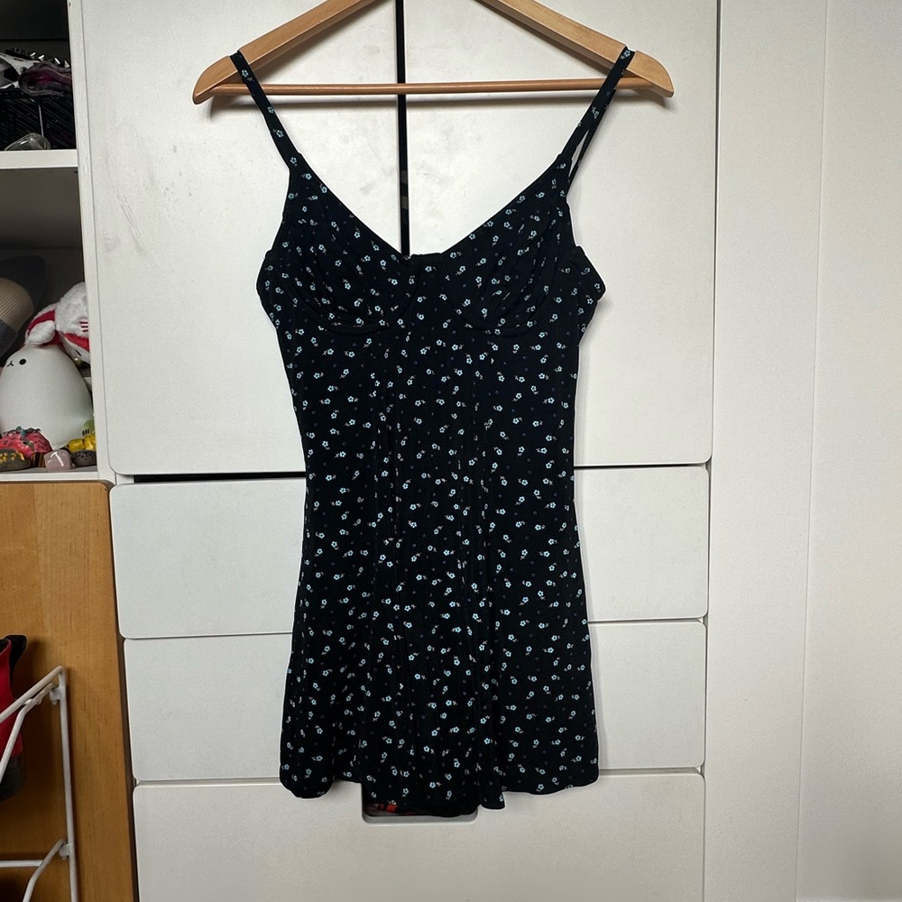 Black Floral One-Piece Swim with Blue Ditsy Print